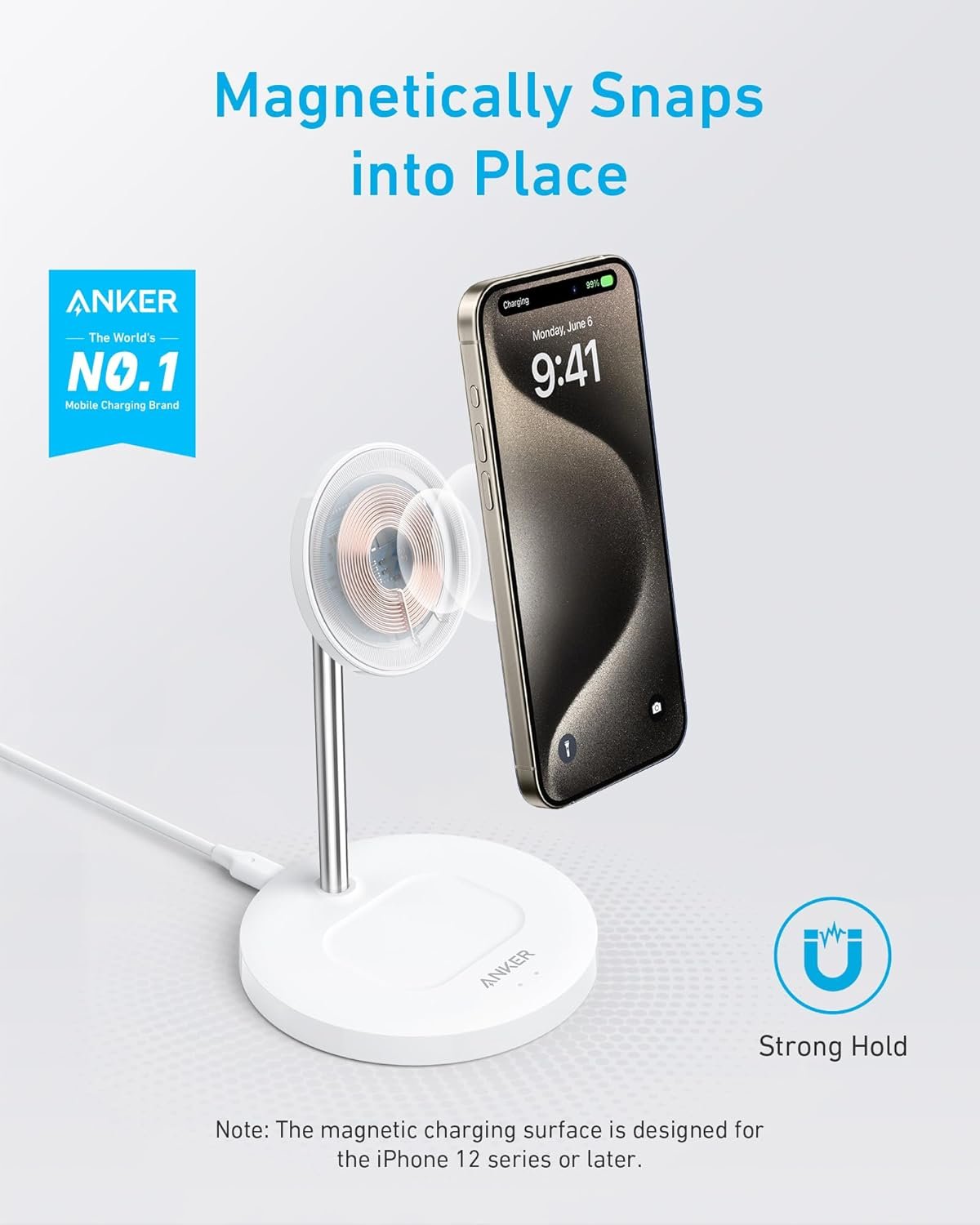 Anker iPhone 16 Wireless Charging Stand, PowerWave 2-in-1 Magnetic Stand Lite with USB-C Cable, for iPhone 16/15/14/13 Series, AirPods (No AC Adapter)