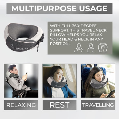Crowea Neck Pillow - 100% Pure Memory Foam Neck Travel Pillow with 360 Degree Comfortable & Breathable Head and Neck Support, Includes Updated Luxury Bag & Earplugs for Airplane, Car (Black & Grey)