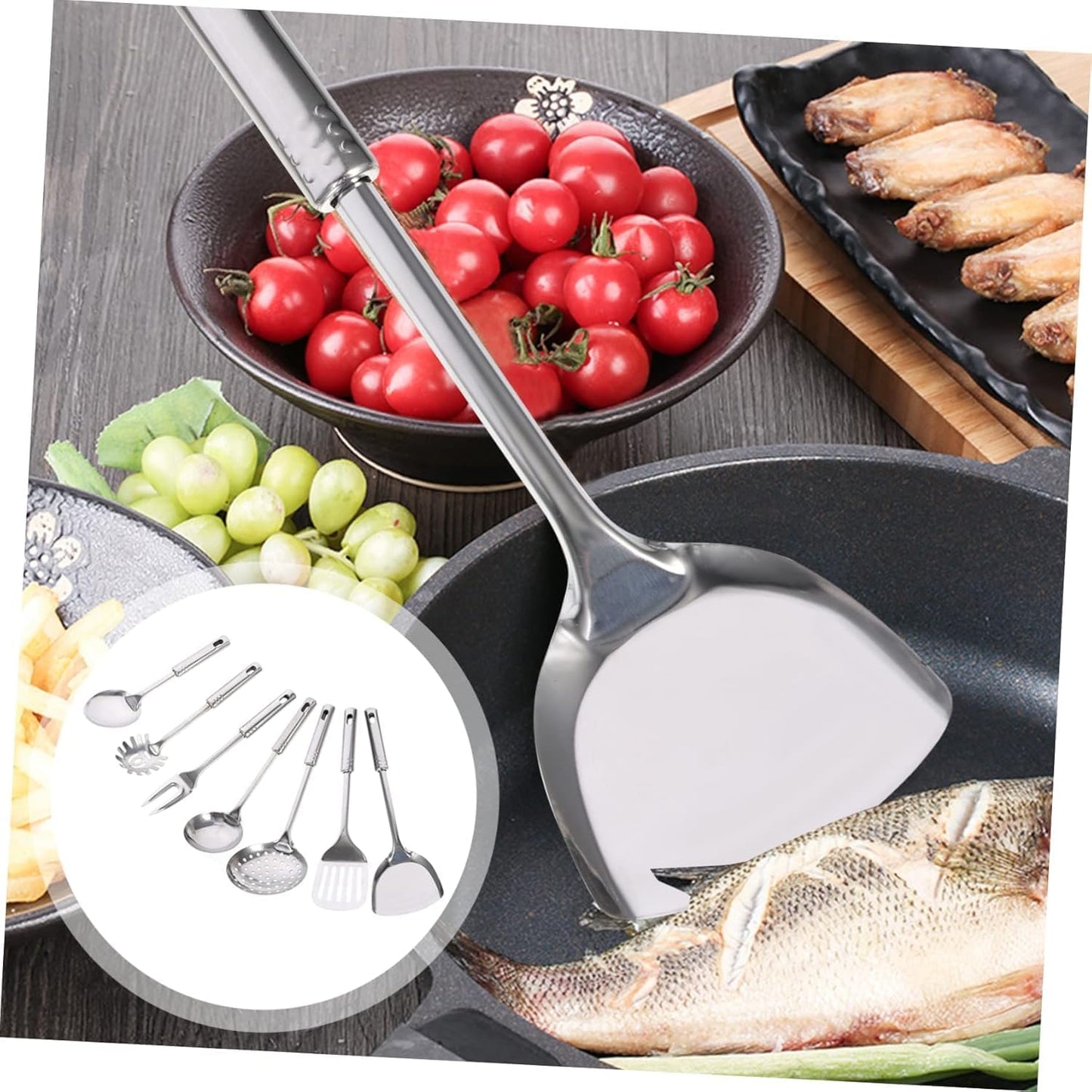 7pcs Kitchen Utensils Cooking Tools Stainless Steel Kitchen Utensil Kitchen Cookware Utensil Kit Kitchenware Meat Fork Soup Ladle Cooking Gadgets Stainless Steel Utensil