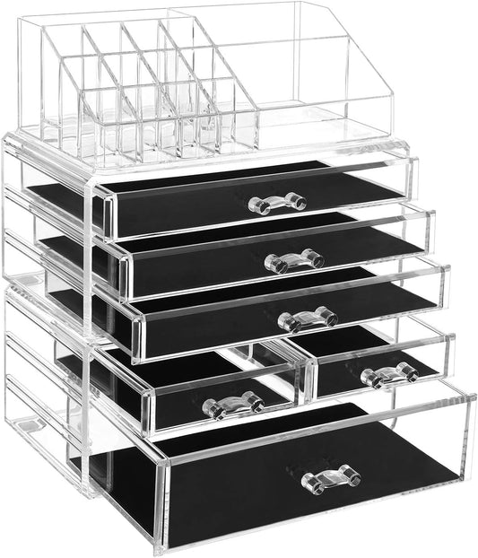 SONGMICS Organizer Trucchi con 6 Cassetti, Grande Organizzatore per Cosmetici in Acrilico, per Tavolozza, Pennello, Fondotinta, Rossetto, Smalto per Unghie, Forcine, Trasparente JKA009TP