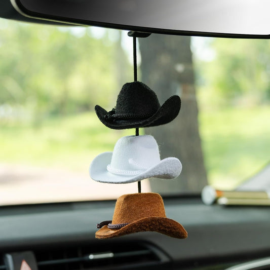 Rislobx Cowboy Hat Hanging Charm for Car Rear View Mirror, Cute Handmade Felt Hat Ornament Pendent for Women, Country Cowboy Car Decor Interior Accessories
