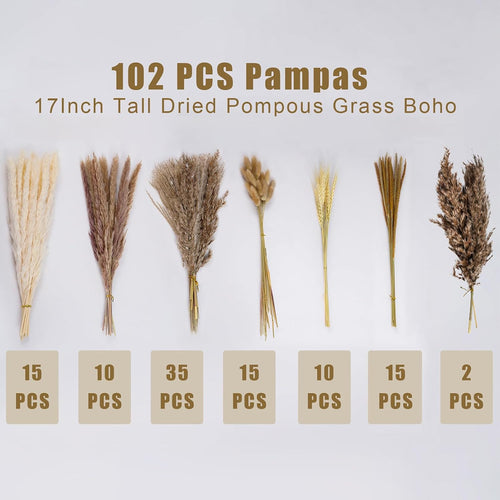 102 Pcs Pampas Grass Dried Flowers Plants Decor, Natural Pampas Reed Grass Bunny Tails for Boho Wedding Farmhouse Dining Table Boho Home Decoration