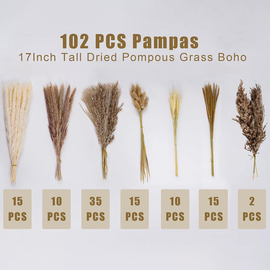 102 Pcs Pampas Grass Dried Flowers Plants Decor, Natural Pampas Reed Grass Bunny Tails for Boho Wedding Farmhouse Dining Table Boho Home Decoration