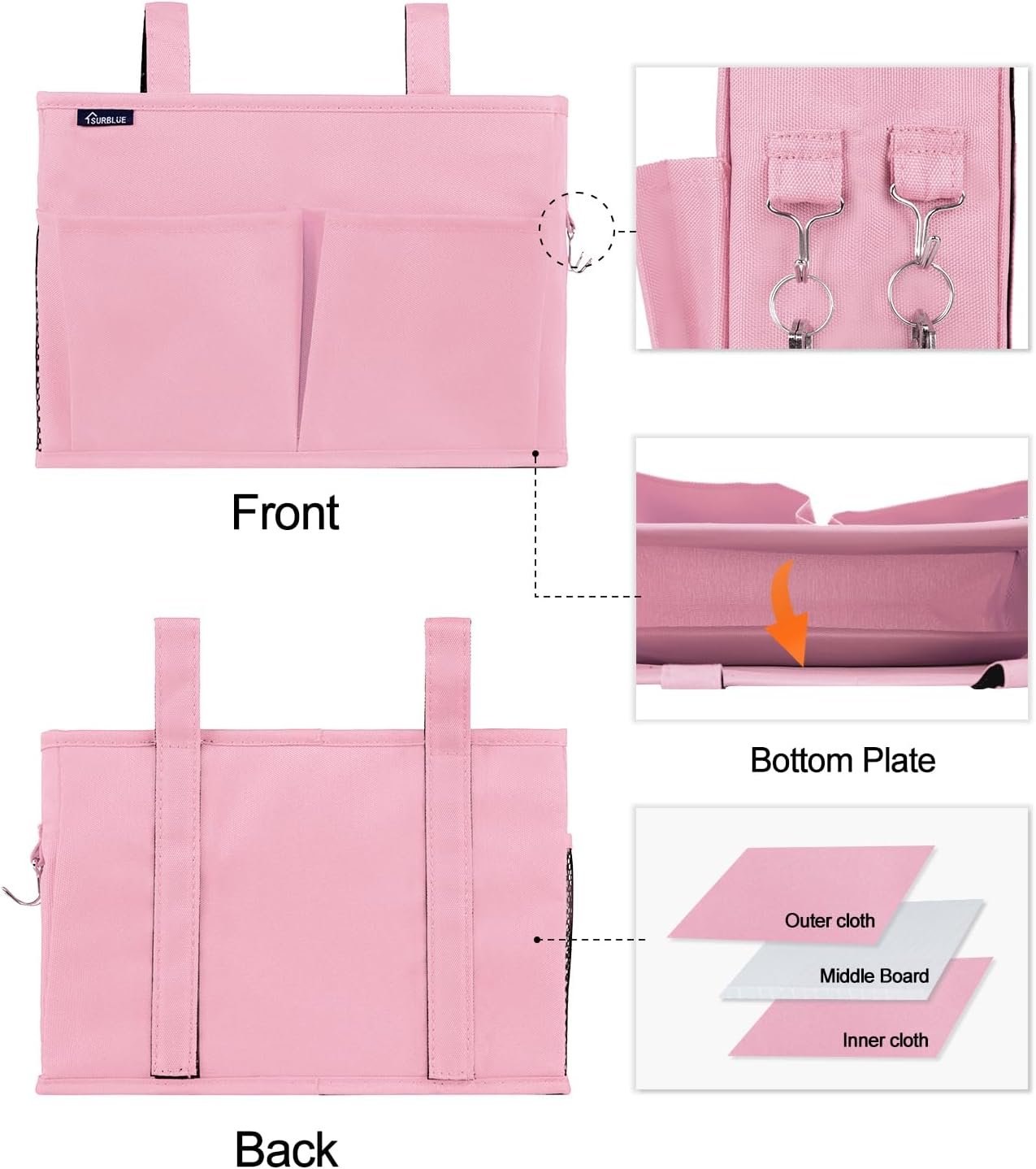 Surblue Bedside Caddy Hanging Organizer Bedside Storage Bag for Bunk and Hospital Beds (Small-Pink)