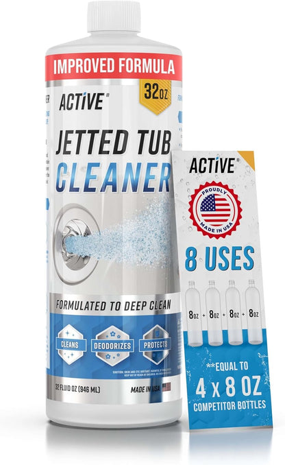 Jetted Tub Cleaner Bathtub Spa - 32oz (8 Uses) Jet Line Cleaner For Cleaning Air Tub & Spa Bath System, ACTIVE Cleaners Jets, Whirl Tubs, Professional Septic Safe Solution - Made in USA