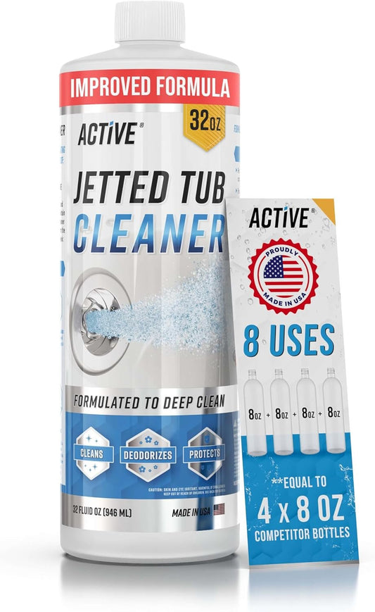 Jetted Tub Cleaner Bathtub Spa - 32oz (8 Uses) Jet Line Cleaner For Cleaning Air Tub & Spa Bath System, ACTIVE Cleaners Jets, Whirl Tubs, Professional Septic Safe Solution - Made in USA