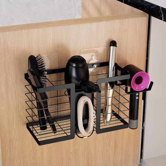 Hair Tool Organizer - Hair Dryer Holder, 3 in 1 Metal Bathroom Organizer Wall Mount for Flat Iron, Curling Iron, Straightener, Hair Care & Styling Tools Bathroom Storage and Organizer (Black)