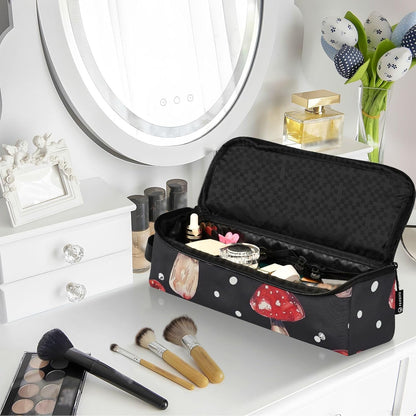Foiosoh Borsa da viaggio per attrezzi da donna con tappetino in ferro a doppio strato, custodia da viaggio per arricciacapelli, piastra per capelli piatti, funghi rossi e pois bianchi