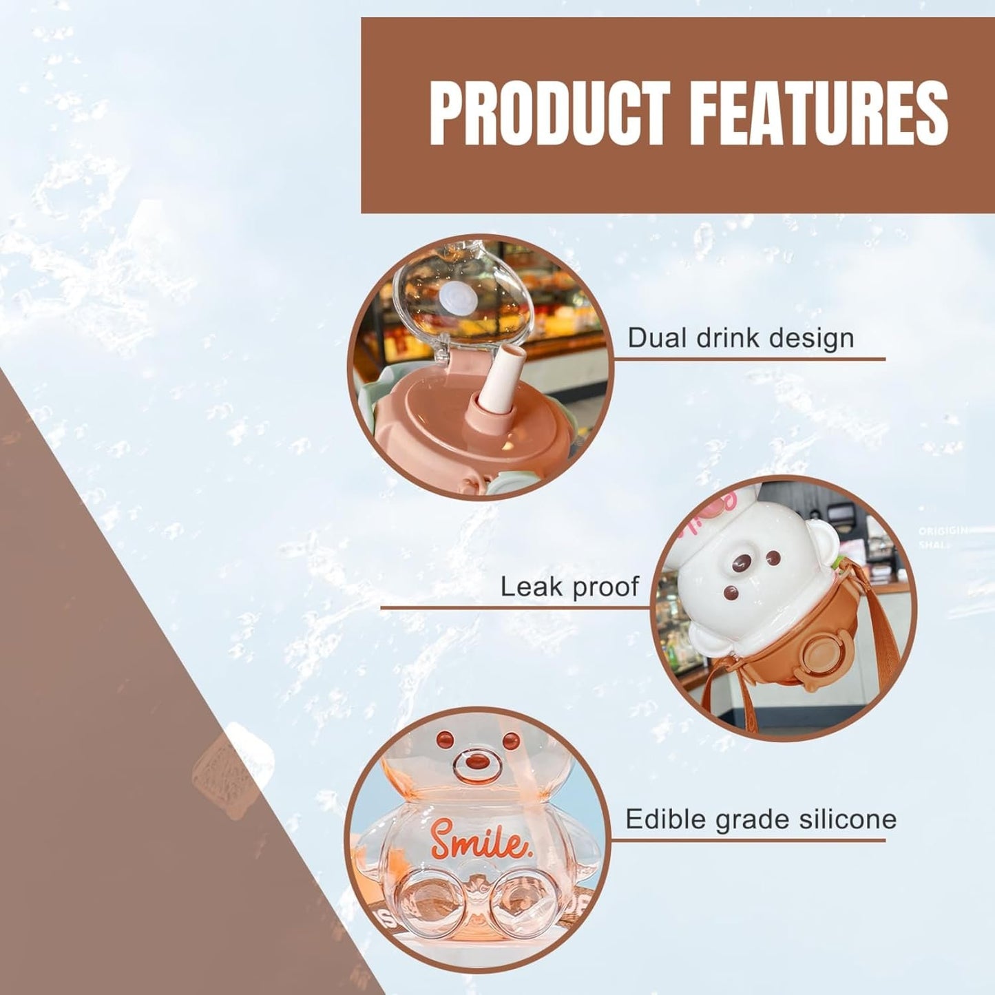 Kawaii Water Bottle with Straw and Strap, 1L Cute Bear Water Bottles Portable Leakproof BPA-Free Plastic Drinking Cups for Kids Girls Women Sports Camping Picnic Hiking Travel