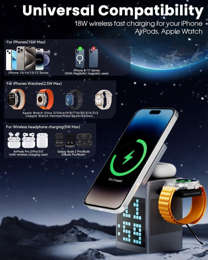 3-in-1 Wireless Charging Station with Bluetooth Speaker and Digital Alarm Clock & Dynamic Pixel Display, Magnetic Charging Station for Fast Charging of Phones, Watch, and Headphones
