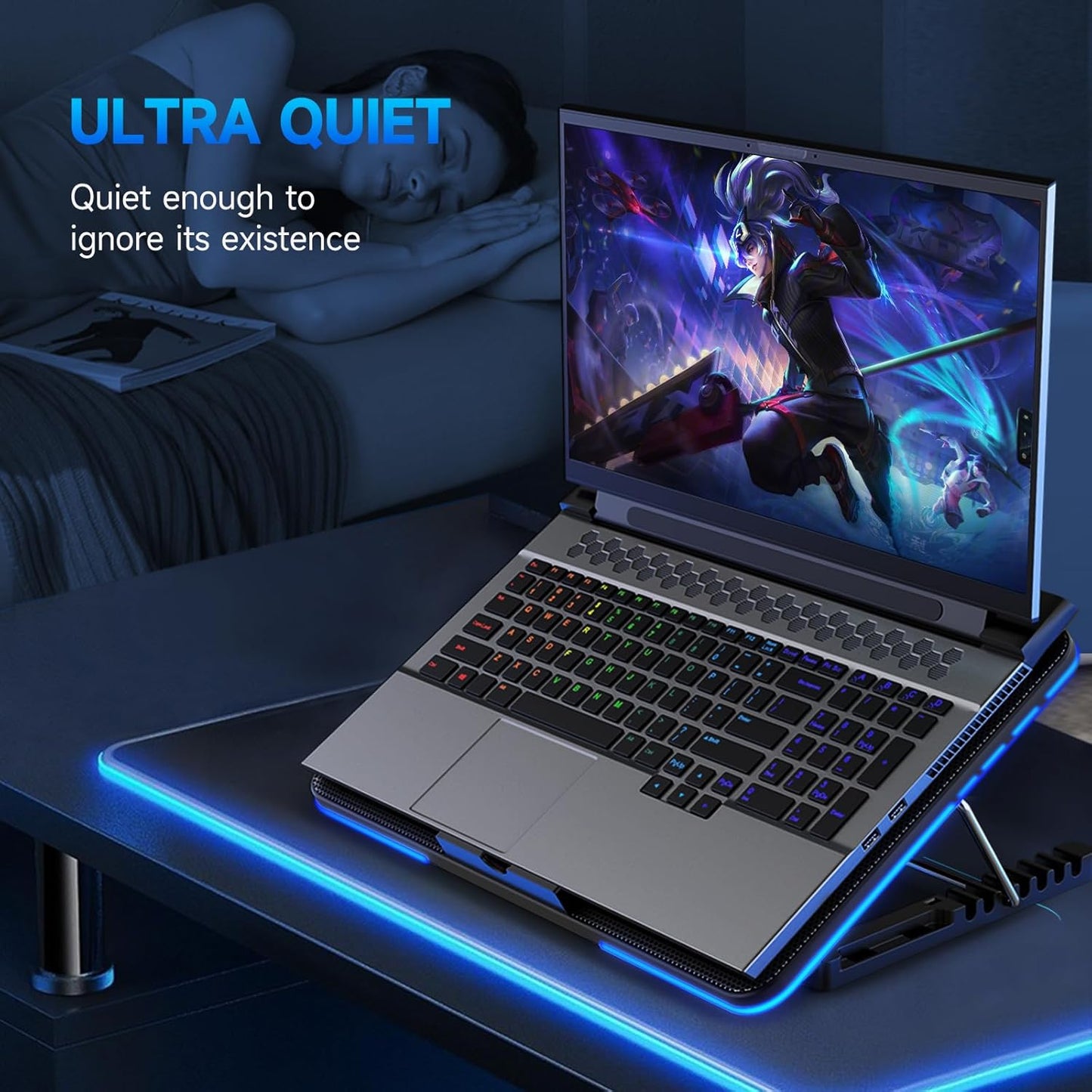 LIANGSTAR Laptop Cooling Pad, Laptop Cooler with 6 Quiet Fans for 12-17 Inch Notebook Gaming Fan Stable Stand, 7 Height & Wind Speed Adjustable, Blue LED Light can Turned Off，2 USB Port & Phone Holder