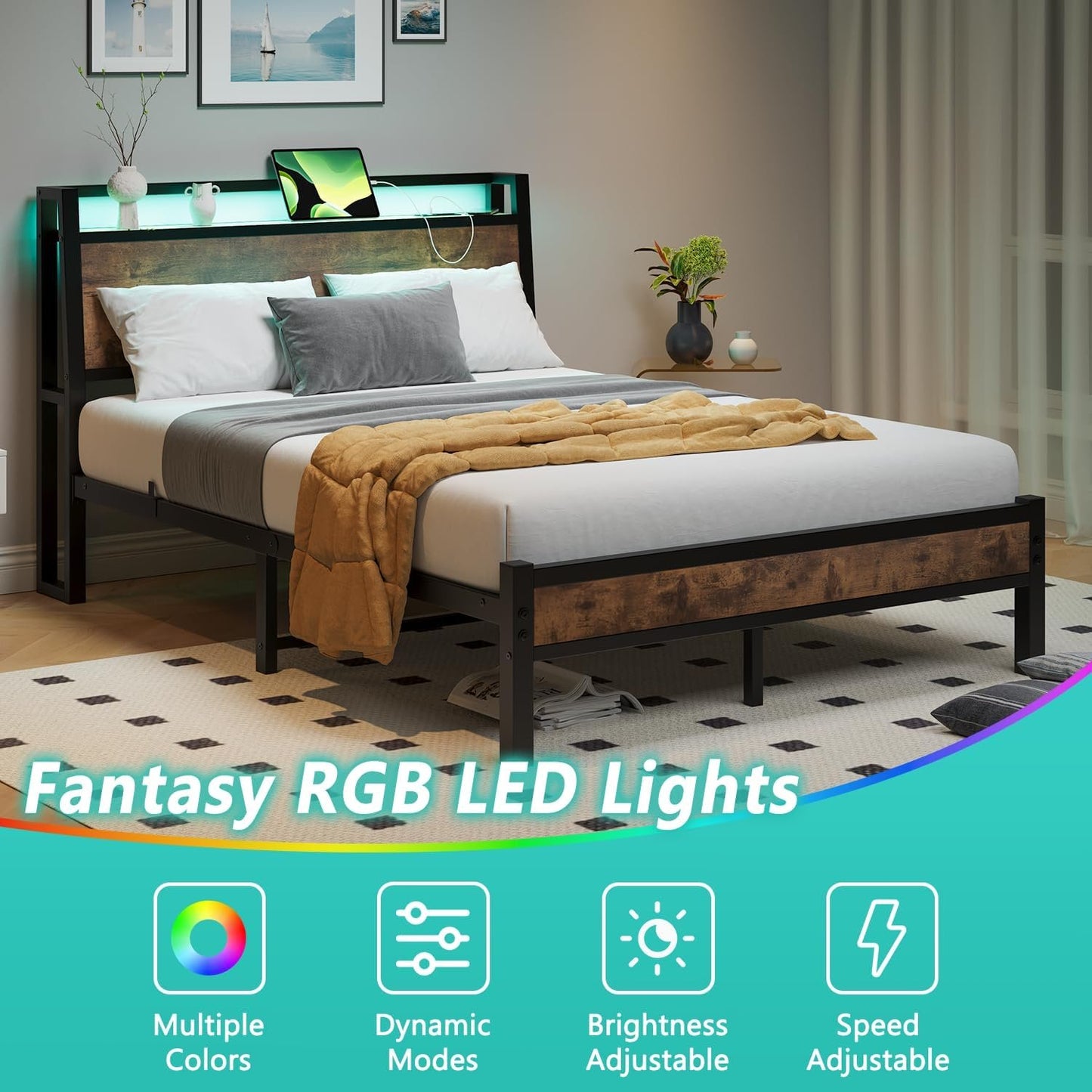 ZGEHCO Full Size Bed Frame with Ergonomic Headboard, Metal Full Bed Frame with Charging Station & LED Lights Double Bed Frame with Storage & Strong Steel Slats,No Box Spring Needed, Rustic Brown