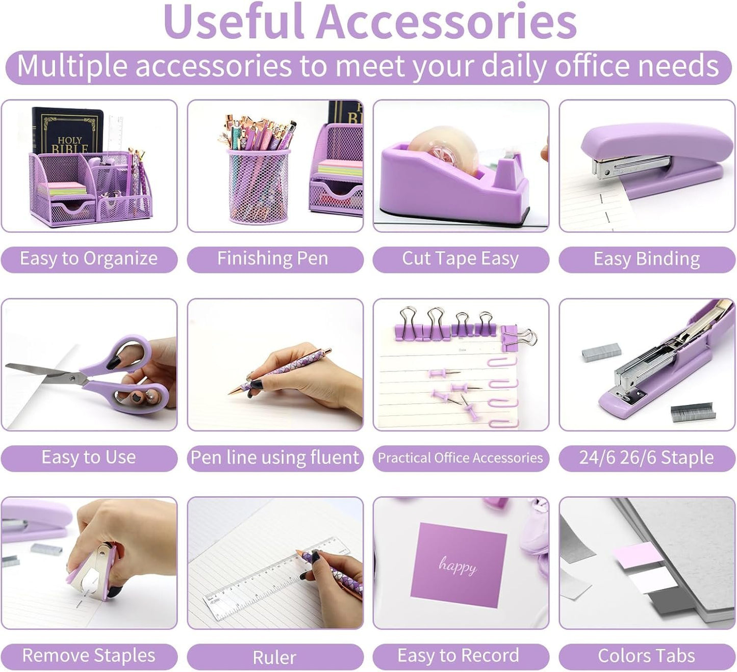 12 in 1 Purple Desk Organizers and Accessories Set, Gifts for Coworkers, Office Supplies, Stapler, Pen Holder, Tape Holder, Staples, Scissors