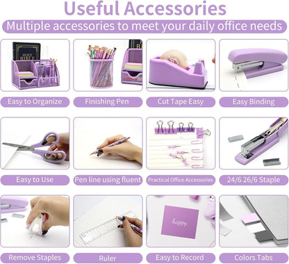 12 in 1 Purple Desk Organizers and Accessories Set, Gifts for Coworkers, Office Supplies, Stapler, Pen Holder, Tape Holder, Staples, Scissors