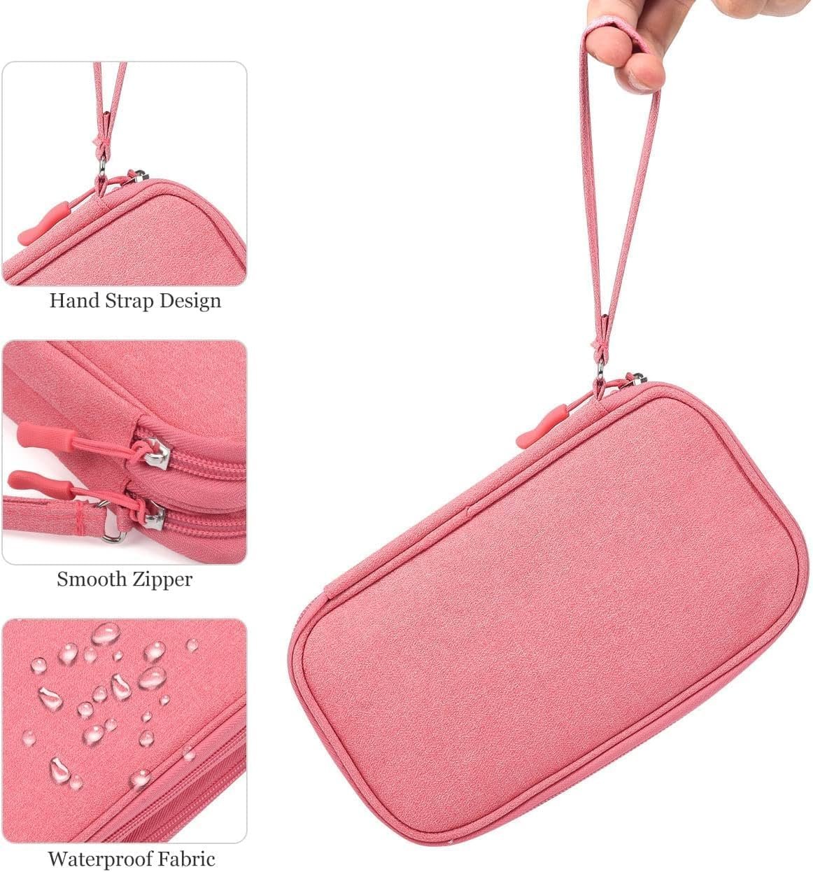 CAOODKDK Electronics Accessories Cases, Travel Cable Organizer Pouch Bag, Portable Waterproof Double-Layer All-in-One Storage Bag, Charger&USB Cable/Power Bank/Magic Mouse/Earphones (Pink)