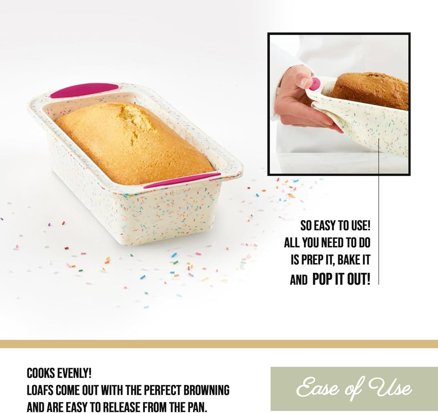 Trudeau Structure Nonstick Structure Silicone Bread Loaf Pan Bakeware with Steel Structure, Medium, White Confetti (05118555)