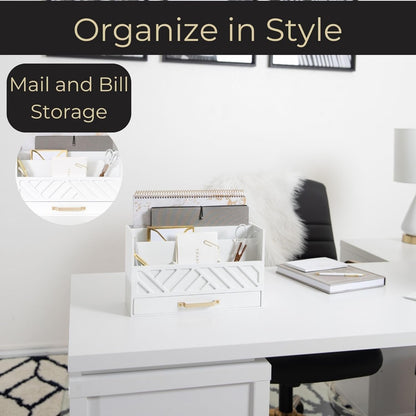 BLU MONACO White Wooden Mail Organizer with Drawer and Gold Handle – Desk Accessories for Office Organization and Storage – Home, Office, and Classroom Supplies