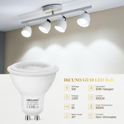 DiCUNO GU10 LED Bulbs, 50W Equivalent, 6000K Daylight White, 5W 500lm, MR16 45° Flood, Non-Dimmable for Track & Recessed Lighting, 10-Pack