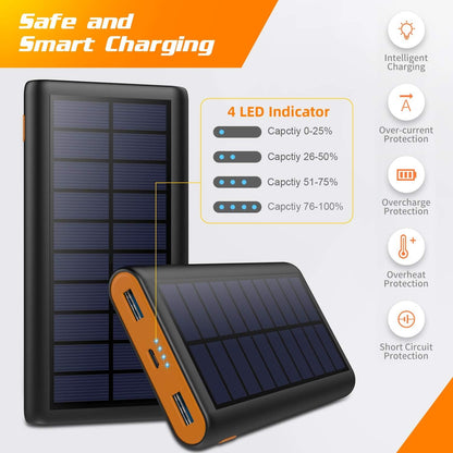 Solar Charger,26800mAh Solar Battery Power Bank Portable Panel Charger with LEDs and 2 USB Output Ports External Battery Pack for Camping Outdoor for Smartphone, Tablet and Android Cellphone