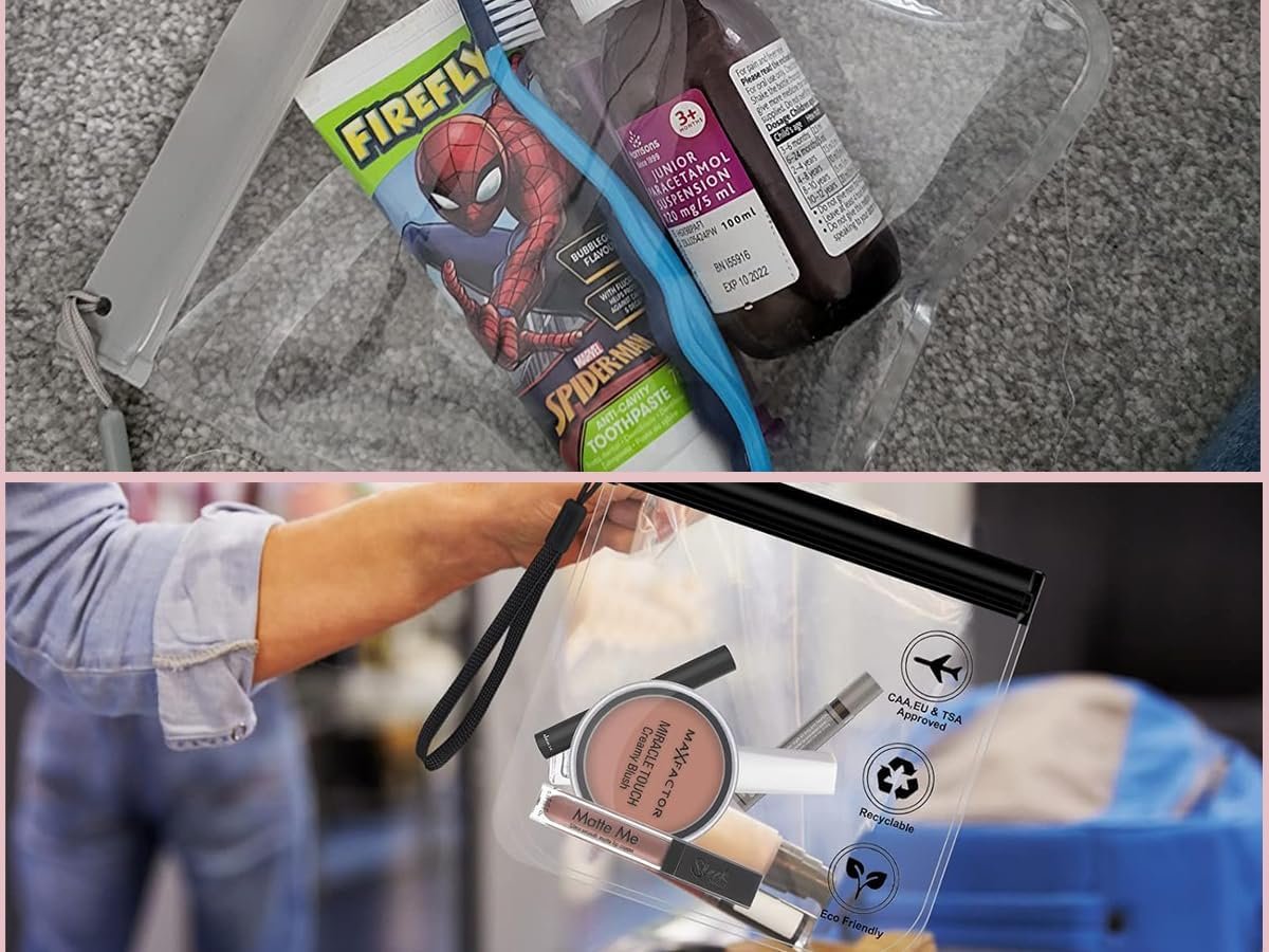 Clear Travel Toiletry Bag - Airport Security Liquids Bags, Airport Liquid Bag 20 x 20cm TSA Approved, Travel Accessories Makeup Bags Holiday Essentials Luggage for Men Women, 2pcs Black/Grey, 20*20CM,