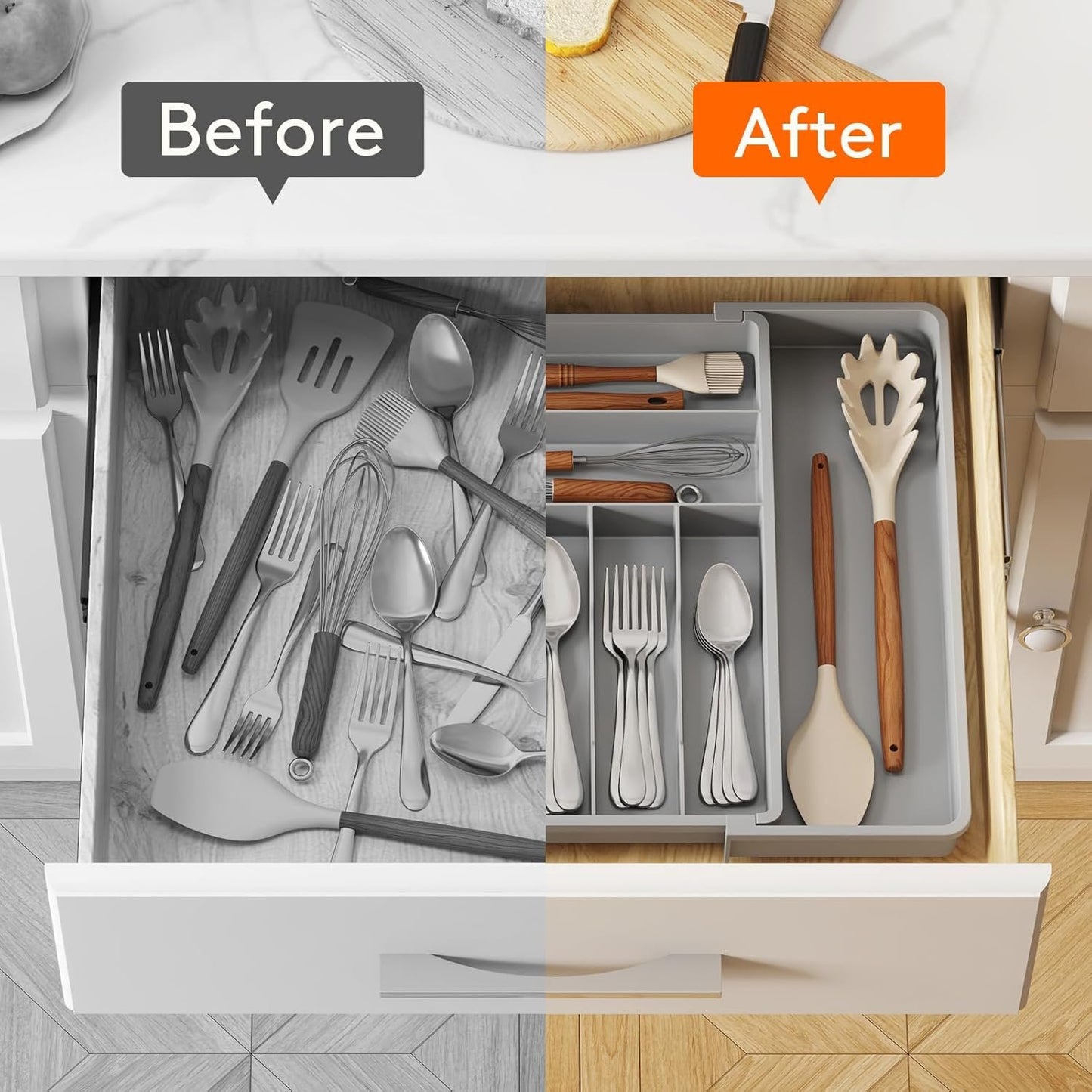 Lifewit Expandable Silverware Drawer Organizer, 16.7 inches Deep Adjustable Utensil Cutlery Tray for kitchen, Plastic Flatware Spoon Fork Knives Holder Storage Divider, 7 Compartment, 1 Pack, Gray