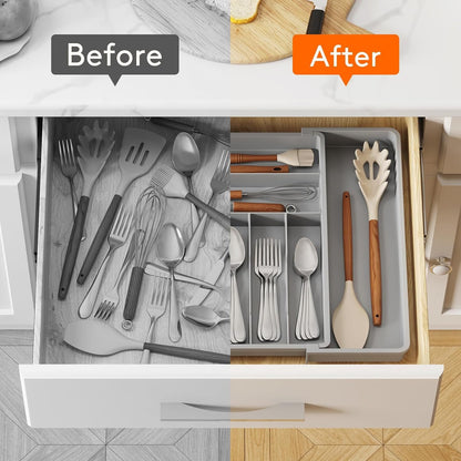 Lifewit Expandable Silverware Drawer Organizer, 16.7 inches Deep Adjustable Utensil Cutlery Tray for kitchen, Plastic Flatware Spoon Fork Knives Holder Storage Divider, 7 Compartment, 1 Pack, Gray