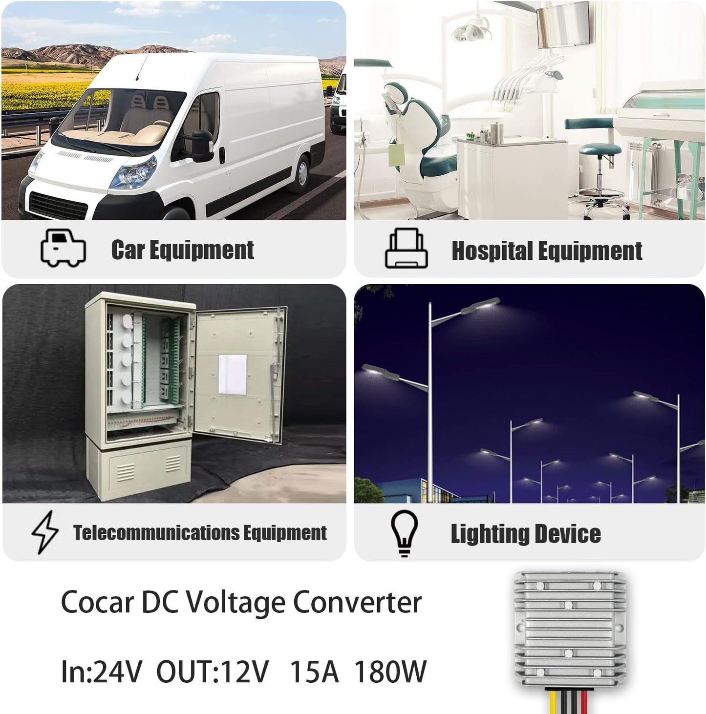 Cocar DC 24V to 12V Converter, Step-Down 15A 180W Transformer Converter Adapter Power Supply Regulator for Heavy Duty Car Truck Vehicle Solar System, Etc. (Accepts DC15-40V Inputs)