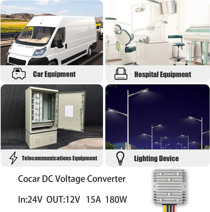 Cocar DC 24V to 12V Converter, Step-Down 15A 180W Transformer Converter Adapter Power Supply Regulator for Heavy Duty Car Truck Vehicle Solar System, Etc. (Accepts DC15-40V Inputs)