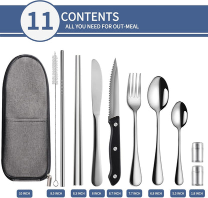 Portable Travel Utensils Set,Reusable Utensils,Travel Camping Cutlery Set,Stainless Steel Flatware Set with Case,Lunch Boxes Workplace Camping School Picnic (Silver)