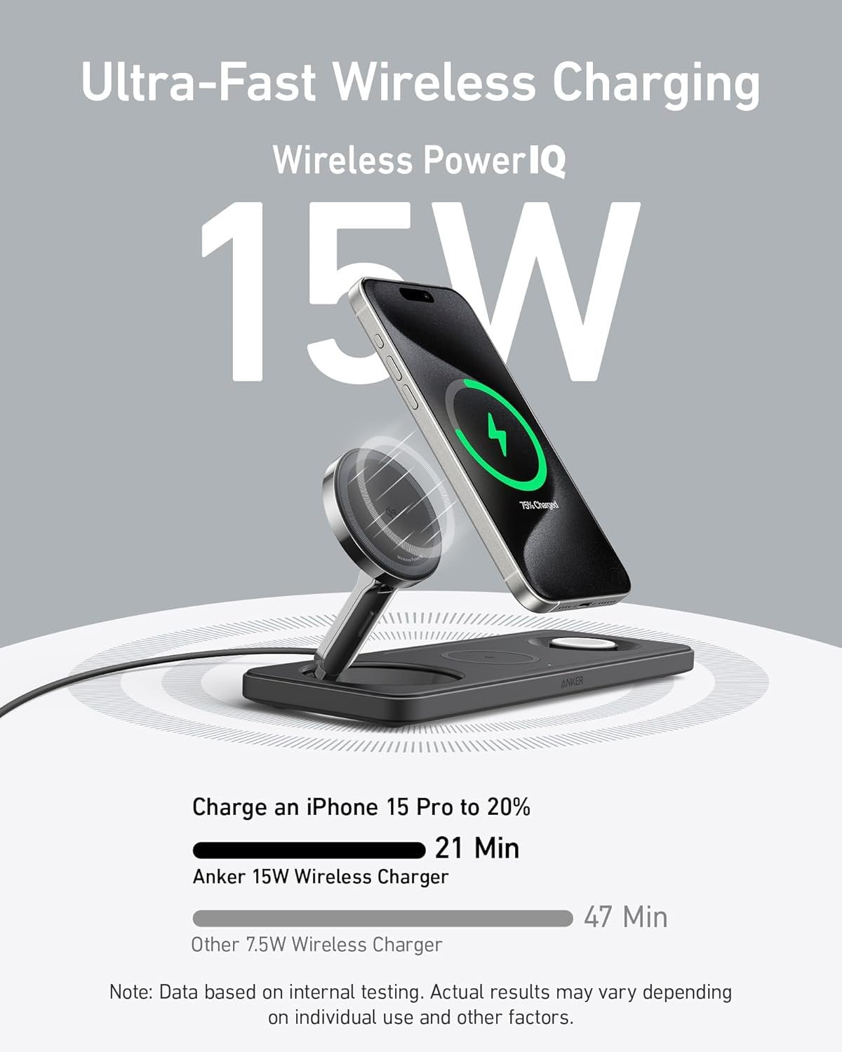 Anker iPhone 16 Foldable 3-in-1 Wireless Charging Station,Qi2 Certified 15W Ultra-Fast MagSafe-Compatible Charger,for iPhone 15/14 Series,AirPods, Apple Watch (USB-C Charger and Cable Included)
