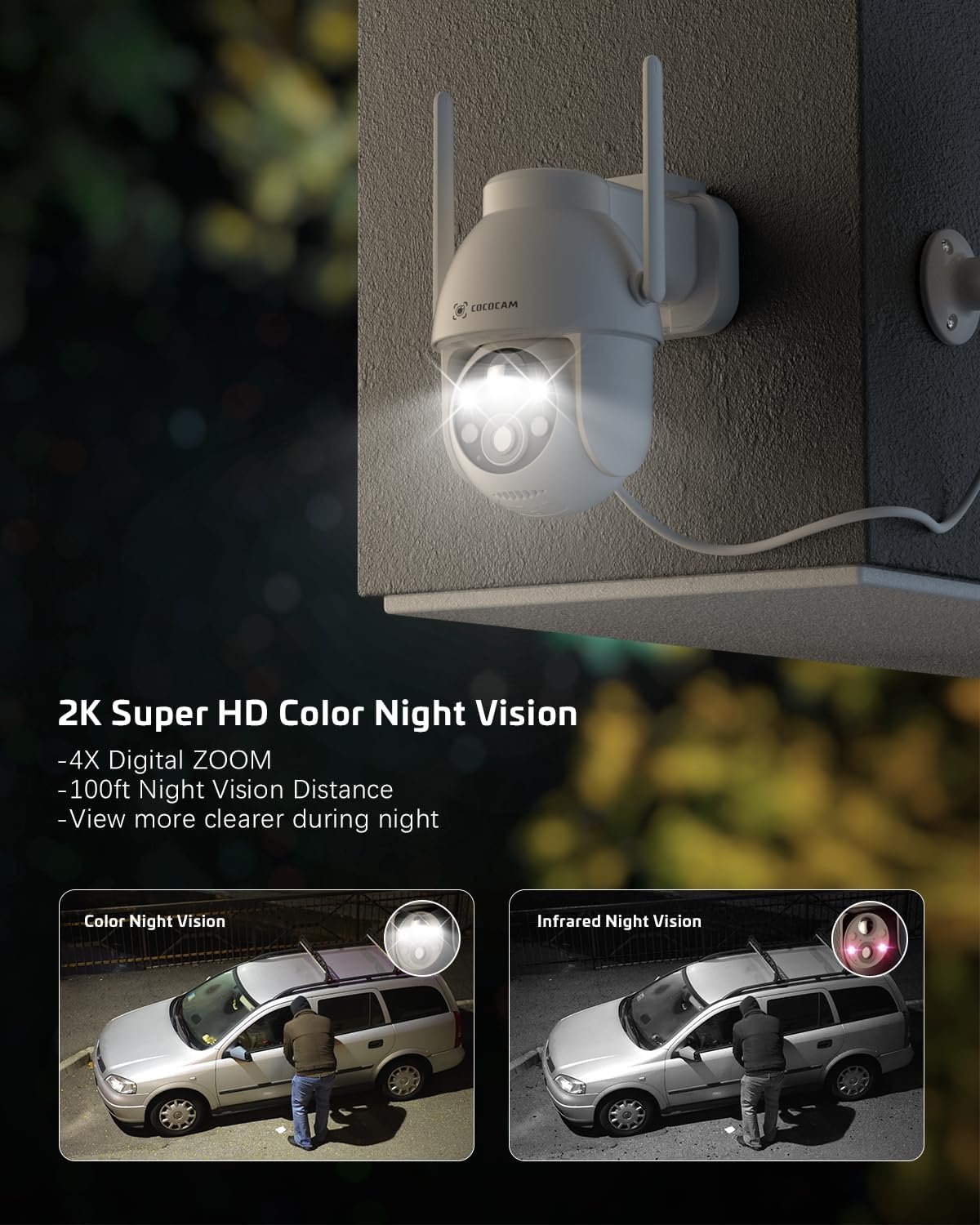 COCOCAM 2PCS Solar Camera Outdoor Wireless, 2K PTZ 2.4GHz Wi-Fi, Home Security, AI Motion Detection, Color Night Vision, 2-Way Audio, IP66, Cloud