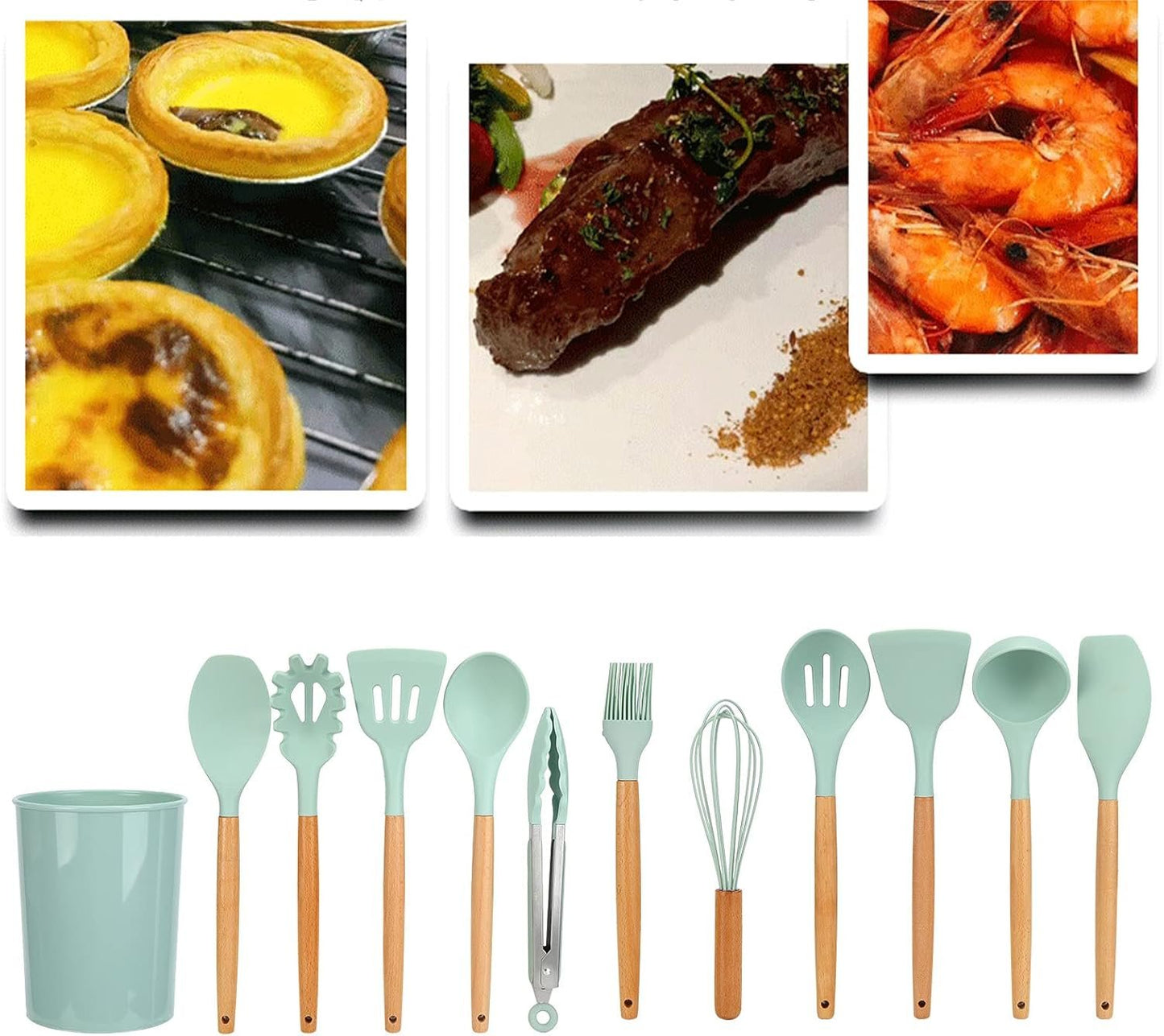 ZPSHYD Set di utensili da cucina in silicone con manici in legno, 12 pezzi gadget da cucina, verde chiaro, include spazzola per olio, cucchiaio antiaderenteForniture da cucina per la casa