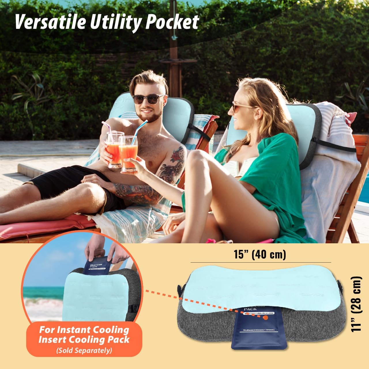 TREKOLOGY Inflatable Beach Pillow with Removable Washable Cover, Sand Bag Anchor & Adjustable Strap – Lightweight, Compact Travel Pillow for Beach, Pool, Hiking, and Outdoor Adventures