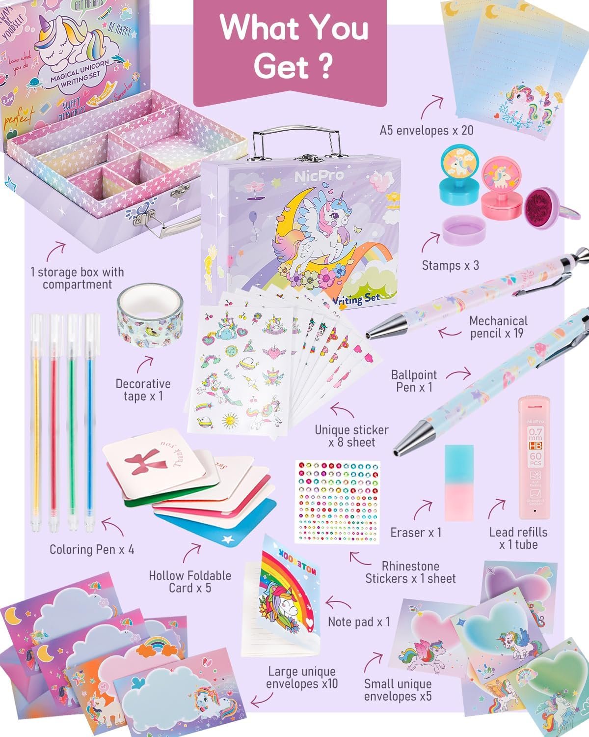 Nicpro 62PCS Unicorn Stationary Set for Girls,Unicorn Kid Toys for Aged 6-10 Years Old, Cute Stationery Supplies Letter Writing Kit Gift for 5,6,7,8,9,10 - Little Girls Ideal Christmas Birthday Gifts