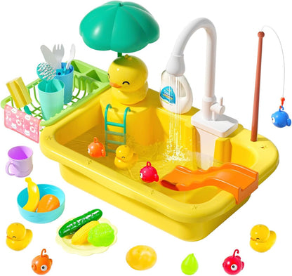 CUTE STONE Play Sink with Running Water, Kitchen Sink Toys with Upgraded Electric Faucet, Play Food Toys, Pool Floating Fishing Toys for Water Play, Kids Role Play Dishwasher Toy Gift for Boys Girls