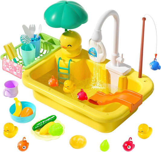 CUTE STONE Play Sink with Running Water, Kitchen Sink Toys with Upgraded Electric Faucet, Play Food Toys, Pool Floating Fishing Toys for Water Play, Kids Role Play Dishwasher Toy Gift for Boys Girls