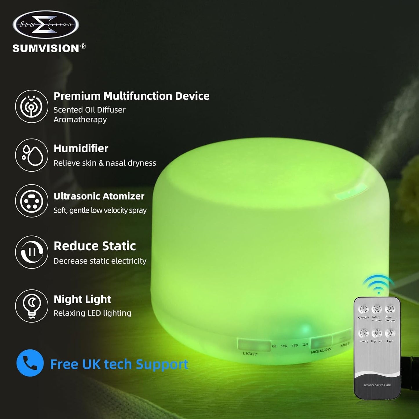 Humidifier Electric Diffuser SUMVISION 500ml Lavender Essential Oils Air Fresheners For Home Decor Baby Bedroom Diffusers LED Night Light with Remote Control Timer Aromatherapy (FREE UK TECH SUPPORT)