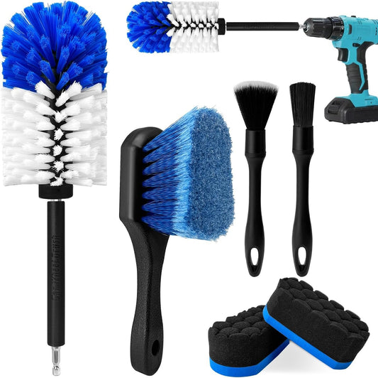 Wheel Brush Kit, Soft Drill Wheel Cleaner Brush, Tire Brush, Detailing Brush, and Detailing Pads, No Scratches Car Wheel Cleaning Kit for Wheels, Tires, Rims, Engines, Exhaust(Blue+White, 6 Pk)