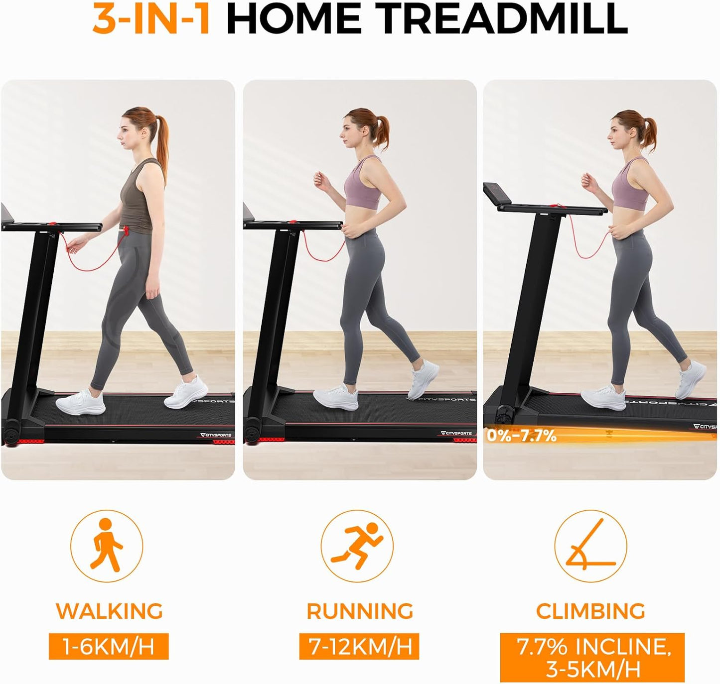 CITYSPORTS Folding Electric Treadmill 1-12 km/h, Inclination 7.7%