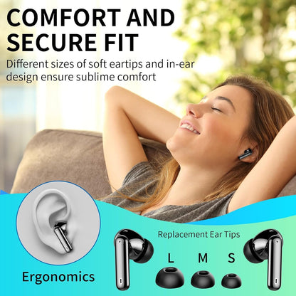 Wireless Earbuds, Bluetooth Headphones 5.4 HiFi Stereo, Wireless Earphones with ENC Noise Cancelling Mic, IP7 Waterproof in Ear Headphones, LED Digital Display Ear Buds, Touch Control, Black