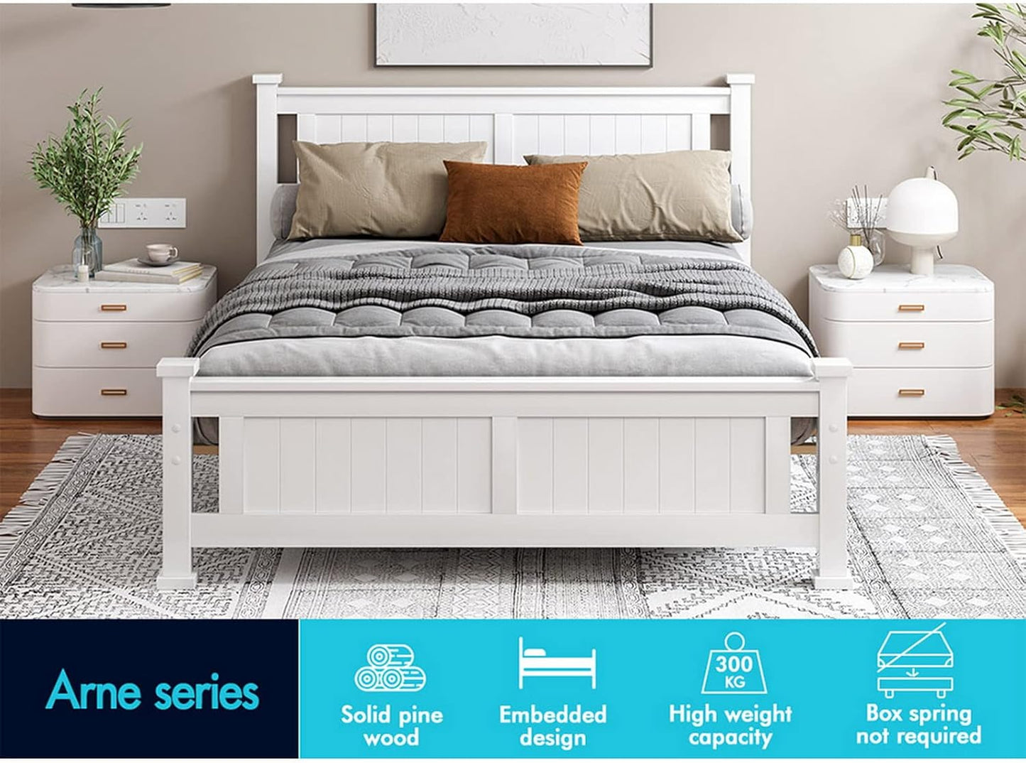 ALFORDSON Double Bed Frame Wooden Bed Base with Solid Wood Pine Timber Slats, Mattress Base Platform with Storage Space, White Bed Foundation with High Headboard, Arne Series Bedroom Furniture