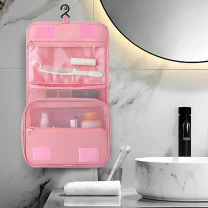 Hanging Toiletry Bag, Travel Wash Bag for Women Portable Folding Cosmetic Organizer Large Capacity Girls Makeup Bag Waterproof Shower Bag with Separate Compartment, Pink