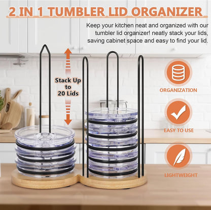 Jolensoy 2 IN 1 Tumbler Lid Stacker, Bamboo & Iron, Up to 20 Lids, Space-Saving Vertical Storage, Kitchen Cabinet & Countertop Organization