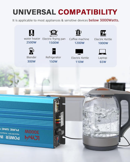 LCYMW 3000 Watt Inverter Pure Sine Wave DC 12V to 110V AC Power Inverters with 3 AC Charger Outlets, Car Inverter Solar Power Inverters for Vehicles Home with LCD Display and 2.4A USB Charging Ports