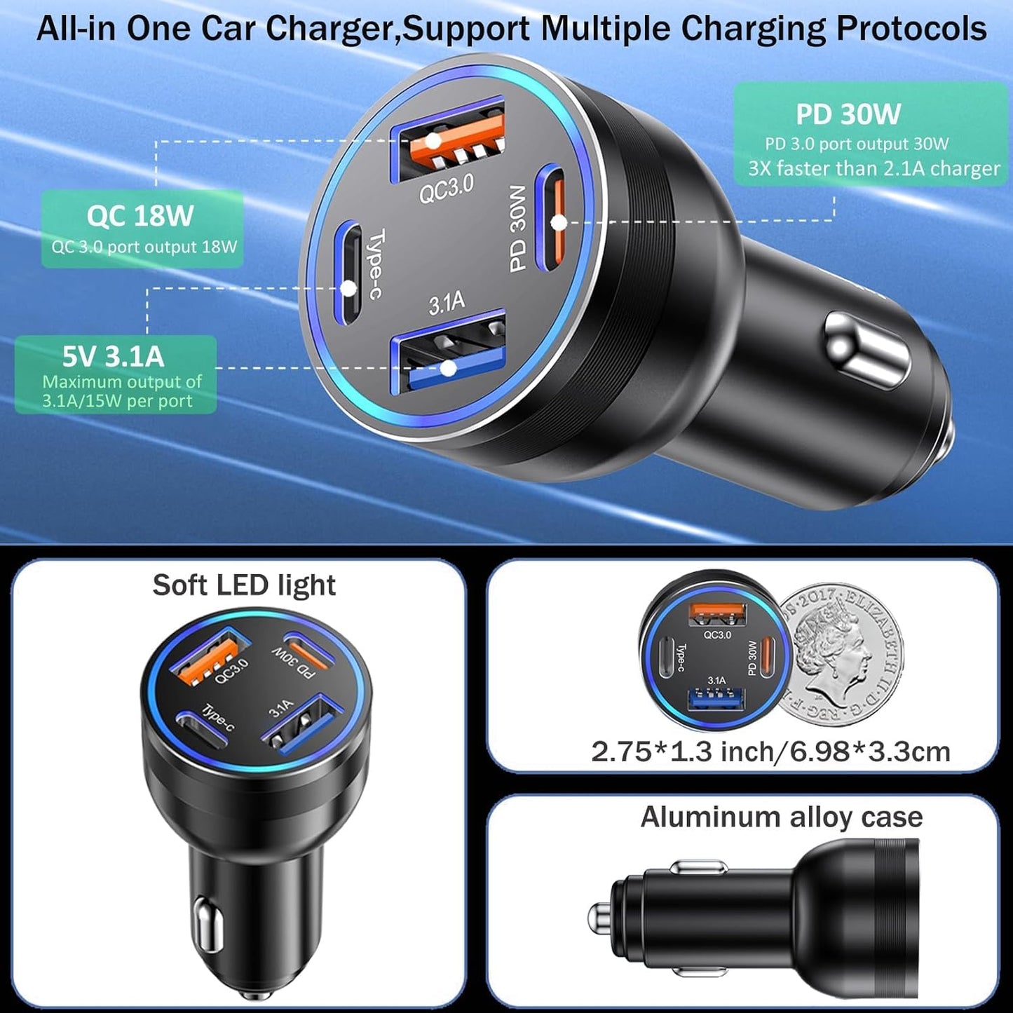 iPhone 15/16 65W 4 Port USB C Car Charger Cigarette Lighter Adapter Fast Charging with 6ft Braided USB C Cable for iPhone 15/16/16 Plus/16 Pro Max, iPad Pro/Air/Mini