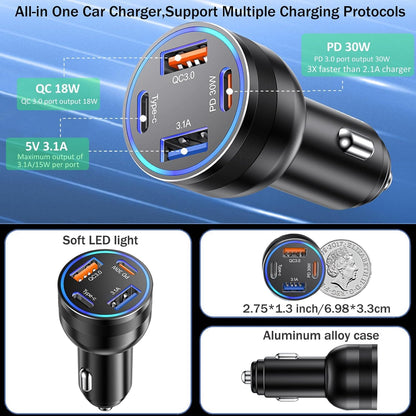iPhone 15/16 65W 4 Port USB C Car Charger Cigarette Lighter Adapter Fast Charging with 6ft Braided USB C Cable for iPhone 15/16/16 Plus/16 Pro Max, iPad Pro/Air/Mini