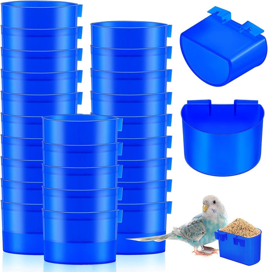Suclain 30 Pcs Blue Cage Feeders Birds Cage Cups Plastic Hanging Feeding Cups Seed Bowl Chicken Feeding Watering Dish with Hooks for Pet Parrot