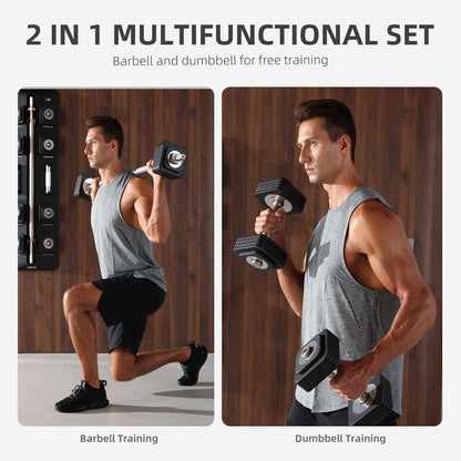 DHT Adjustable Dumbbells, Dumbbell Barbell Sets with Rack, Free Weights Dumbbells Set All-Purpose Fitness, Anti-Rolling, Weights Set for Home, Gym, Office, Wall-Mounted, 2.2-50 lbs, 1 Set / 2 in 1