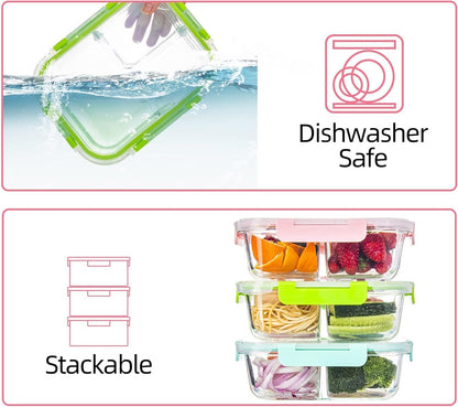 YOZOTI Glass Meal Prep Containers 3 Compartments Portion Control with Upgraded Snap Locking Lids Glass Food Storage Containers, Microwave, Oven, Freezer and Dishwasher (Black 5 Pack 3 Compartments)