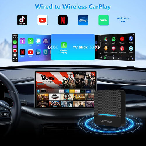 Car TV Mate, 2025 2 in 1 Car TV Mate Pro with Wireless CarPlay for OEM Wired CarPlay Cars, Fire TV Stick Converter with 5.8GHz WiFi for Game Machine/Set-top Boxes, Wireless CarPlay Adapter for iPhone
